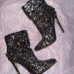 Sparkling Sequin Heeled Boots - Silver